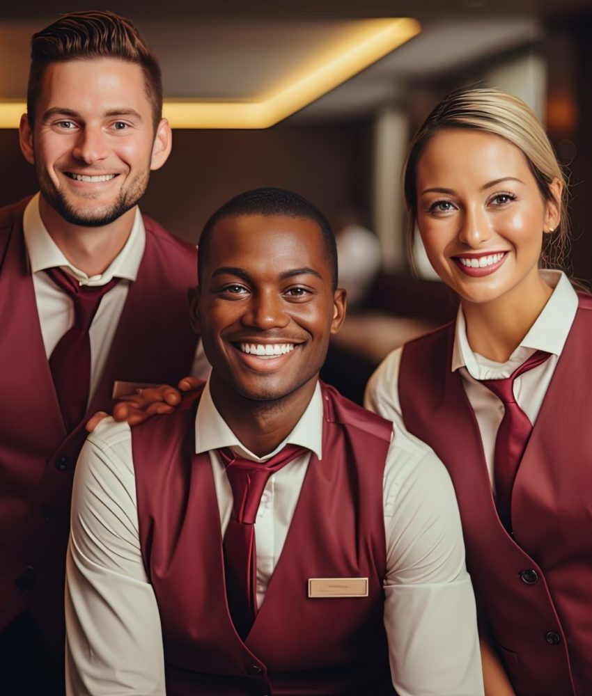 hotel staff group portrait with big smile, idea for happy working and service mind, Generative Ai